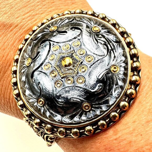 Amy Kahn Russell Womens Bracelet Bronze Glass Medallion Cuff 7 Inch Adjustable - Picture 1 of 4